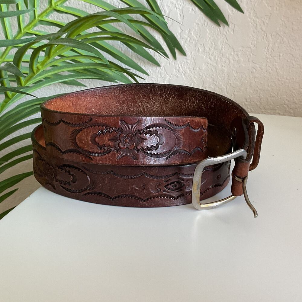 Handmade Tooled Brown Leather Western Style Belt 42 inch with Buckle